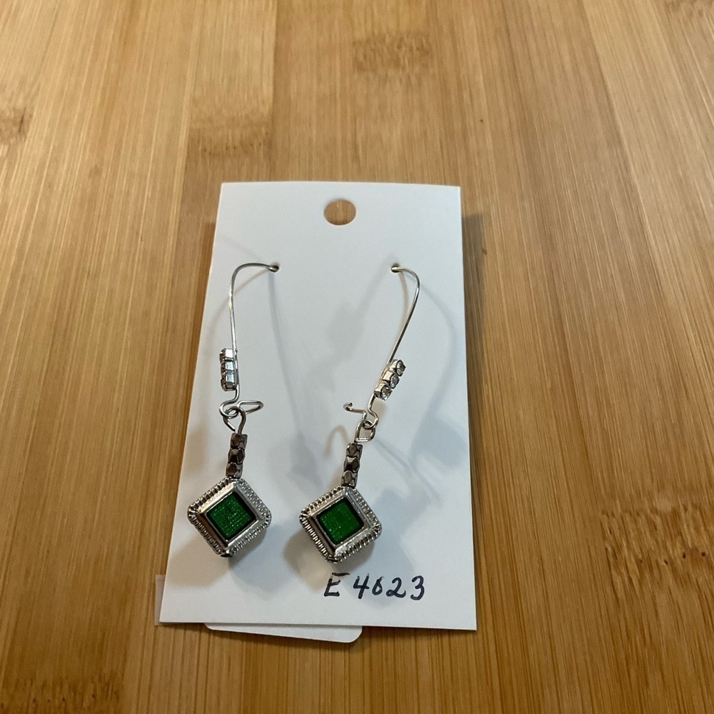 Hand Crafted Earrings Green Enamel Charm on Fish Hook with Rhinestones - Picture 3 of 6